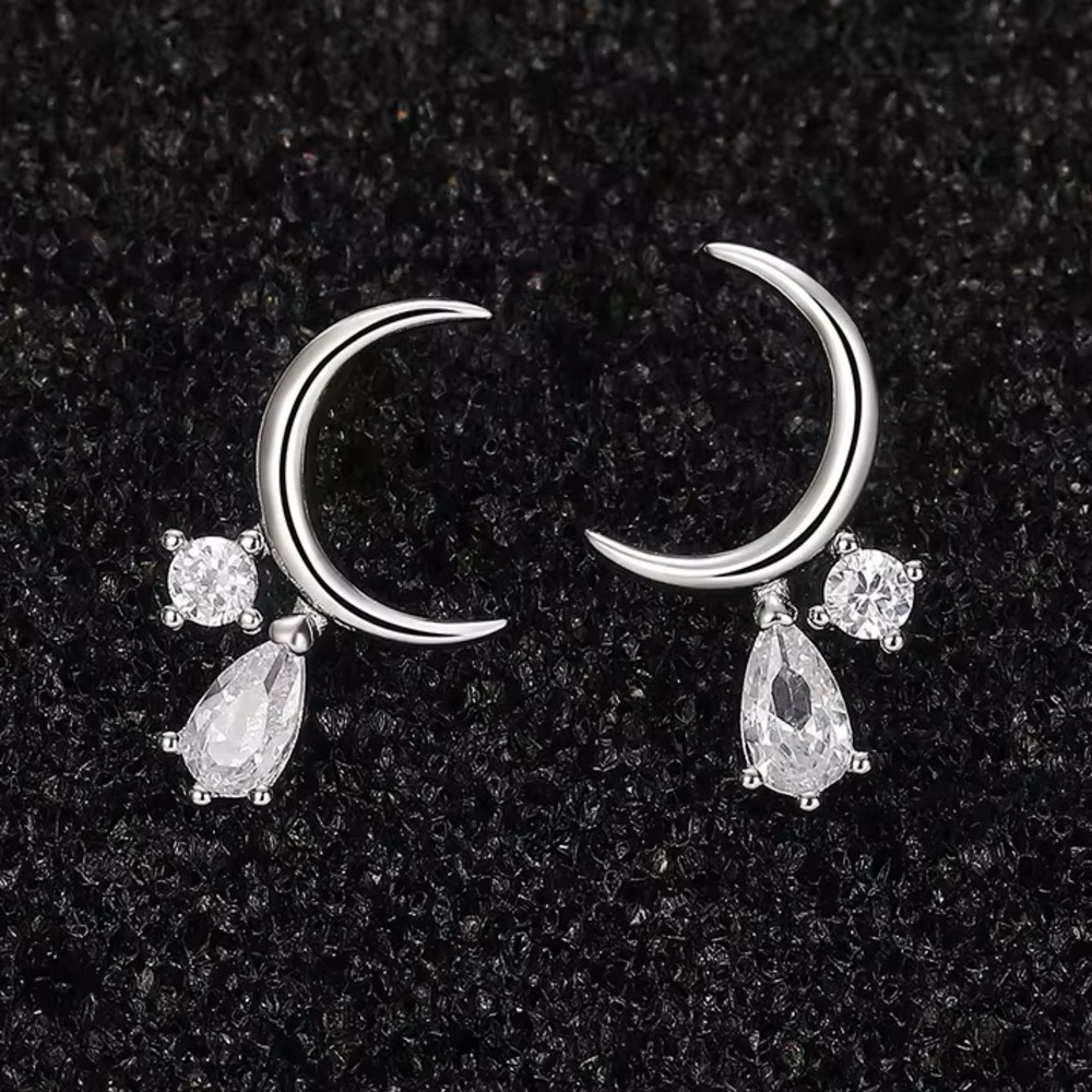 Tiny Silver Crescent Moon Post Back Dangle Earrin… - image 1